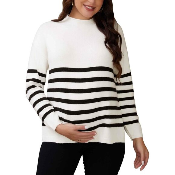 Tops - Womens Maternity Sweater Winter Top Striped Long Sleeve Relaxed Fit